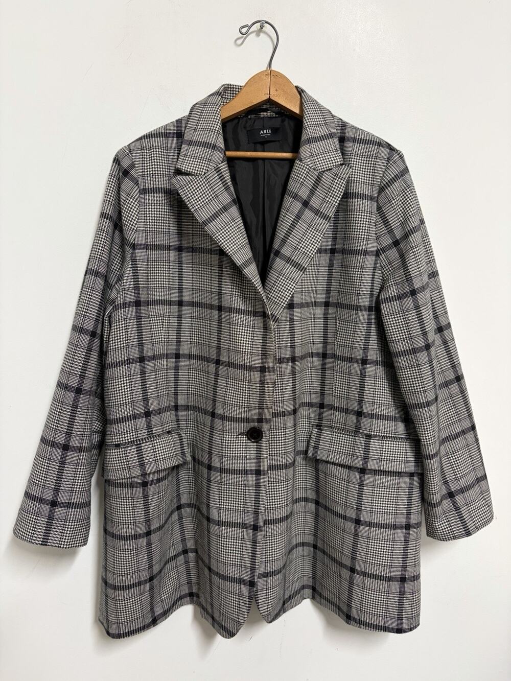 ABLE Plus Size 1X One Button Blazer Jacket Houndstooth Plaid Preppy Wool Blend